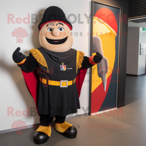 Black Swiss Guard mascot costume character dressed with a Midi Dress and Tie pins