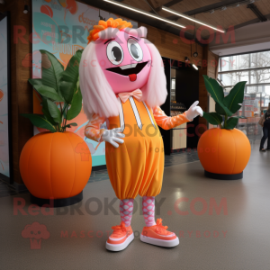 Peach Stilt Walker mascot costume character dressed with a Playsuit and Anklets