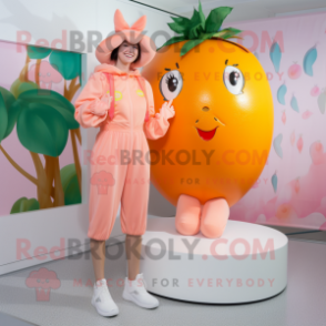 Peach Stilt Walker mascot costume character dressed with a Playsuit and Anklets