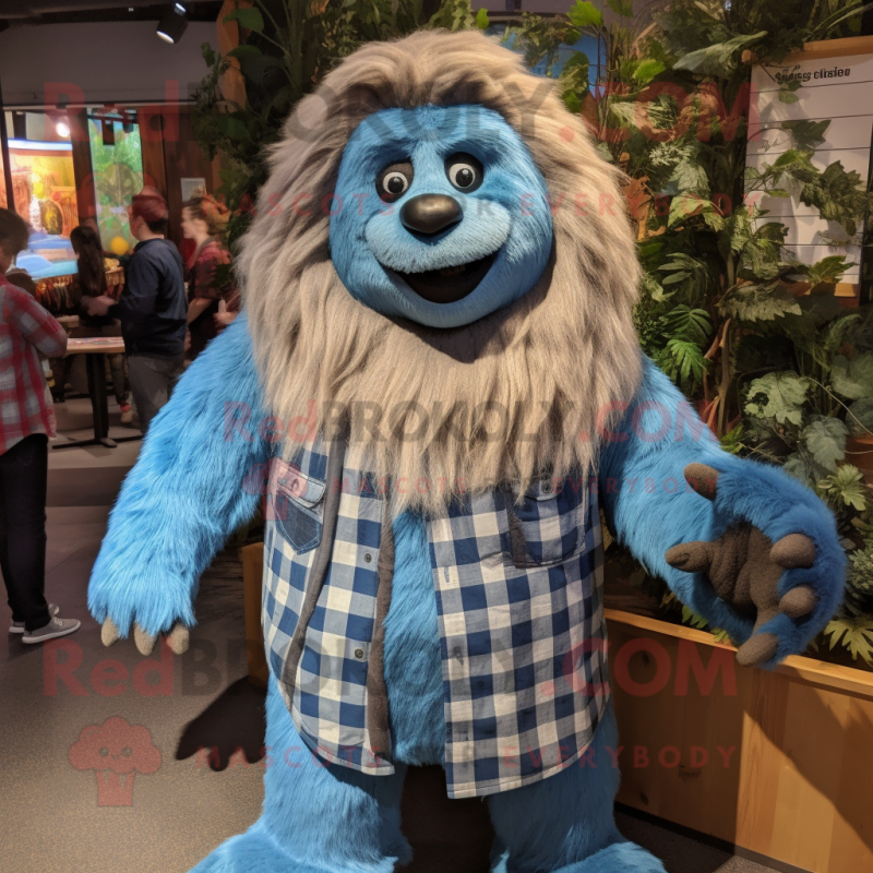 Blue Giant Sloth mascot costume character dressed with a Flannel Shirt and Hairpins
