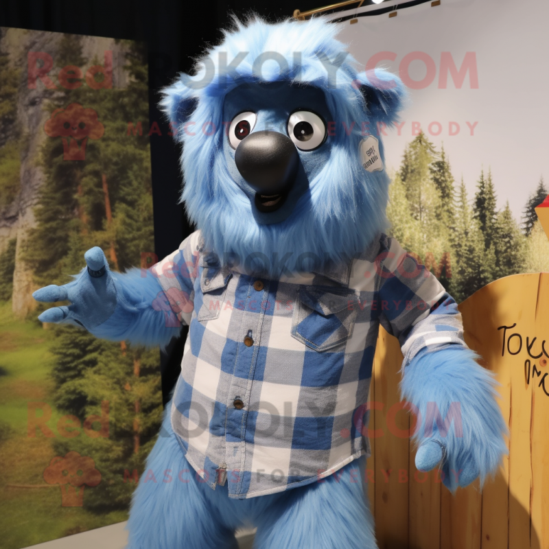 Blue Giant Sloth mascot costume character dressed with a Flannel Shirt and Hairpins