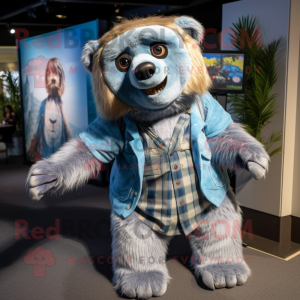 Blue Giant Sloth mascot costume character dressed with a Flannel Shirt and Hairpins
