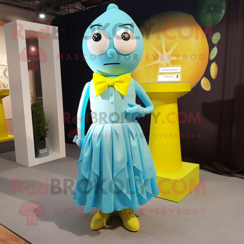 Cyan Lemon mascot costume character dressed with a Empire Waist Dress and Bow ties Cyan Lemon mascot costume character dressed with a Empire Waist Dress and Bow ties