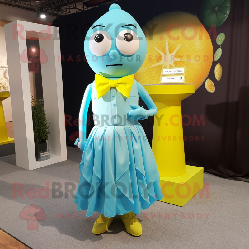 Cyan Lemon mascot costume character dressed with a Empire Waist Dress and Bow ties