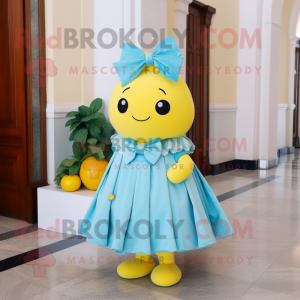 Cyan Lemon mascot costume character dressed with a Empire Waist Dress and Bow ties