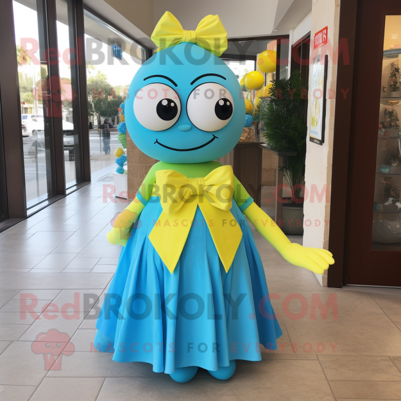 Cyan Lemon mascot costume character dressed with a Empire Waist Dress and Bow ties