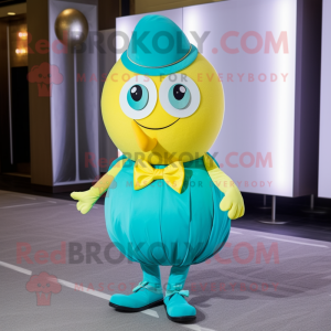 Cyan Lemon mascot costume character dressed with a Empire Waist Dress and Bow ties