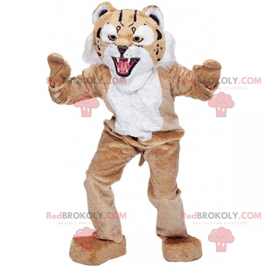 Mascot beige en witte lynx, reusachtig katachtig kostuum -