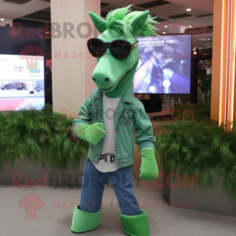 Green Mare mascot costume character dressed with a Jeans and Sunglasses