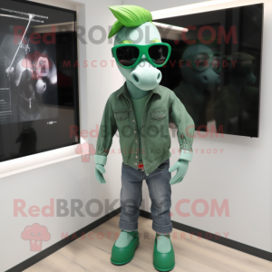 Green Mare mascot costume character dressed with a Jeans and Sunglasses
