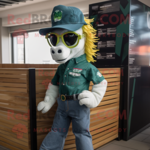 Green Mare mascot costume character dressed with a Jeans and Sunglasses