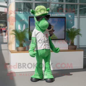 Green Mare mascot costume character dressed with a Jeans and Sunglasses