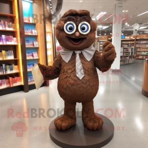 Brown Candy mascot costume character dressed with a Henley Shirt and Reading glasses