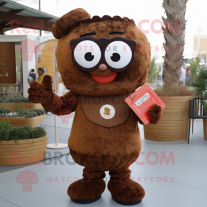 Brown Candy mascot costume character dressed with a Henley Shirt and Reading glasses