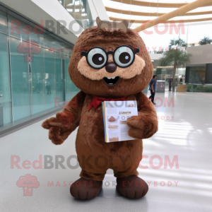 Brown Candy mascot costume character dressed with a Henley Shirt and Reading glasses