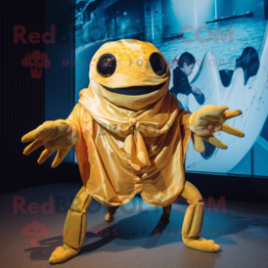 Gold Crab Cakes mascot costume character dressed with a Swimwear and Shawls