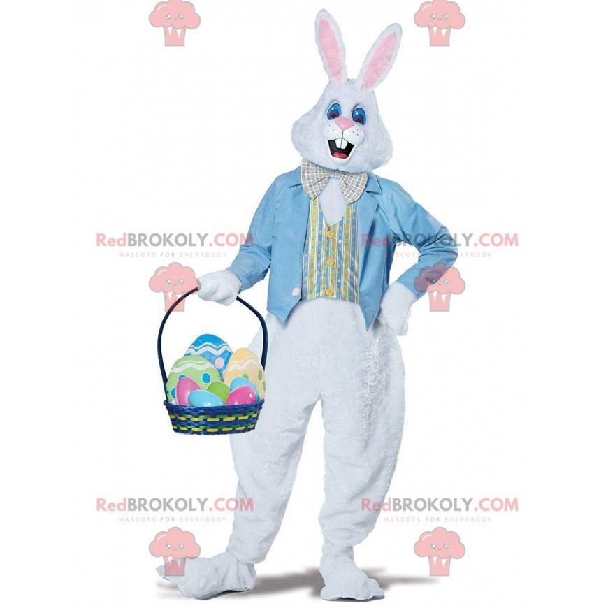 Wit konijn mascotte met een blauw vest en een vlinderdas -