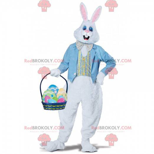 Biały królik maskotka z niebieską kamizelką i muszką -