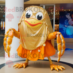 Gold Crab Cakes mascot costume character dressed with a Swimwear and Shawls