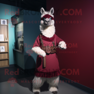 Maroon Llama mascot costume character dressed with a Mini Dress and Belts