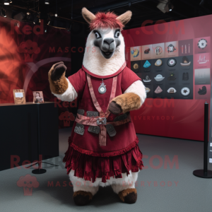 Maroon Llama mascot costume character dressed with a Mini Dress and Belts