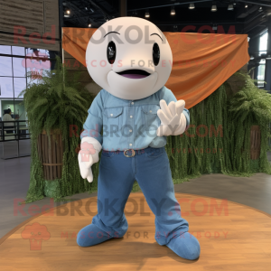 Rust Beluga Whale mascot costume character dressed with a Chambray Shirt and Shoe laces