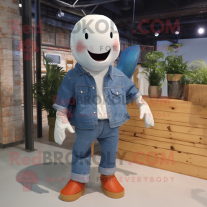 Rust Beluga Whale mascot costume character dressed with a Chambray Shirt and Shoe laces