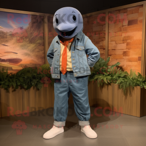 Rust Beluga Whale mascot costume character dressed with a Chambray Shirt and Shoe laces