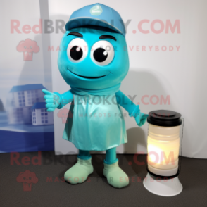 Cyan Scented Candle mascot costume character dressed with a Bermuda Shorts and Clutch bags