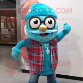 Turquoise Pho mascot costume character dressed with a Flannel Shirt and Scarf clips