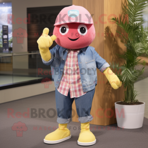 Pink Lemon mascot costume character dressed with a Chambray Shirt and Beanies