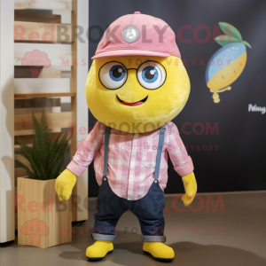 Pink Lemon mascot costume character dressed with a Chambray Shirt and Beanies
