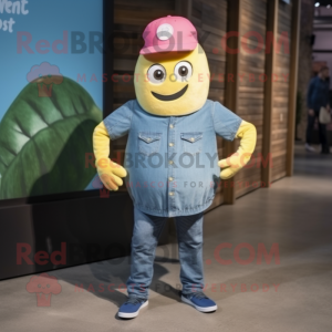 Pink Lemon mascot costume character dressed with a Chambray Shirt and Beanies