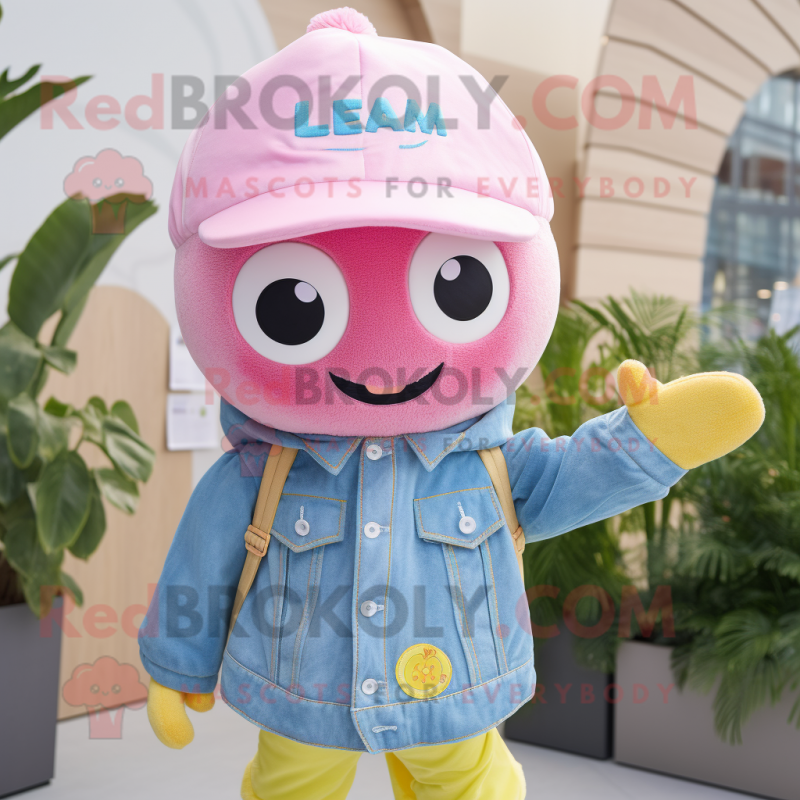 Pink Lemon mascot costume character dressed with a Chambray Shirt and Beanies