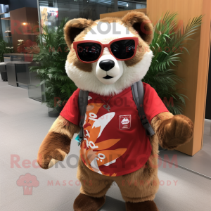 Beige Red Panda mascot costume character dressed with a Graphic Tee and Sunglasses