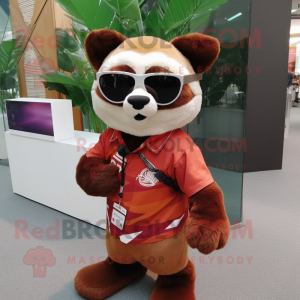 Beige Red Panda mascot costume character dressed with a Graphic Tee and Sunglasses