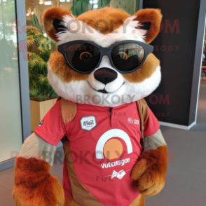 Beige Red Panda mascot costume character dressed with a Graphic Tee and Sunglasses