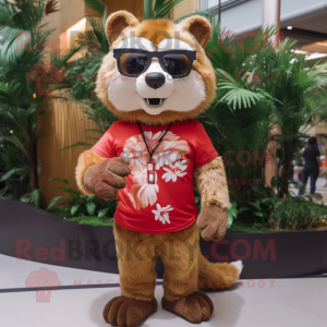 Beige Red Panda mascot costume character dressed with a Graphic Tee and Sunglasses