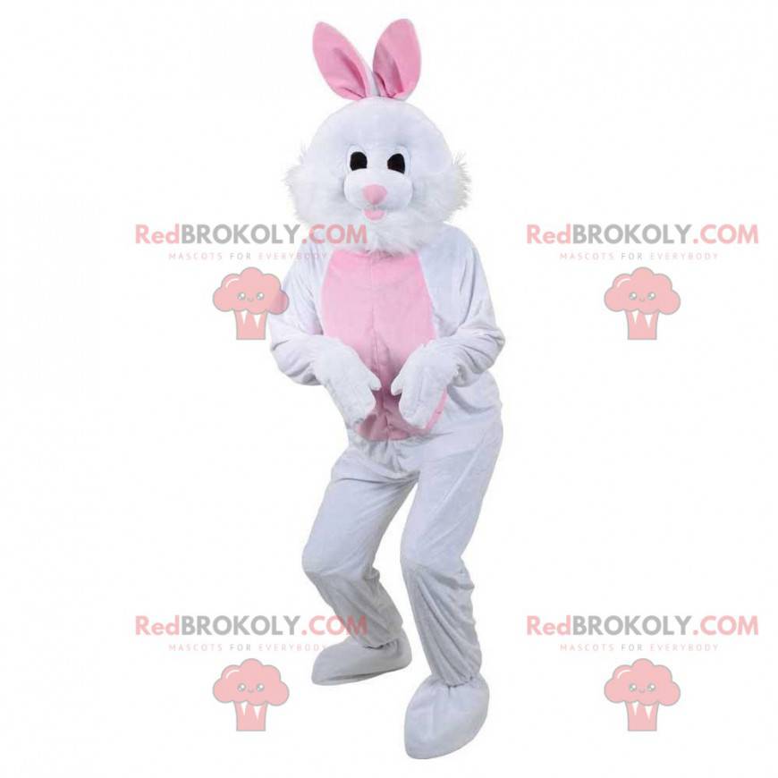 Mascota de conejo blanco y rosa, disfraz de conejito de peluche