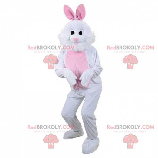 White and pink rabbit mascot, plush bunny costume -