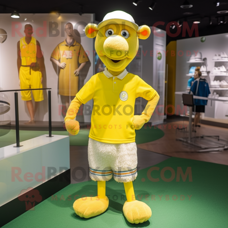 Lemon Yellow Sheep mascot costume character dressed with a Running Shorts and Caps