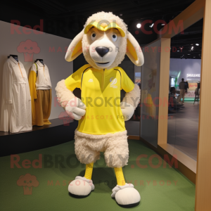 Lemon Yellow Sheep mascot costume character dressed with a Running Shorts and Caps