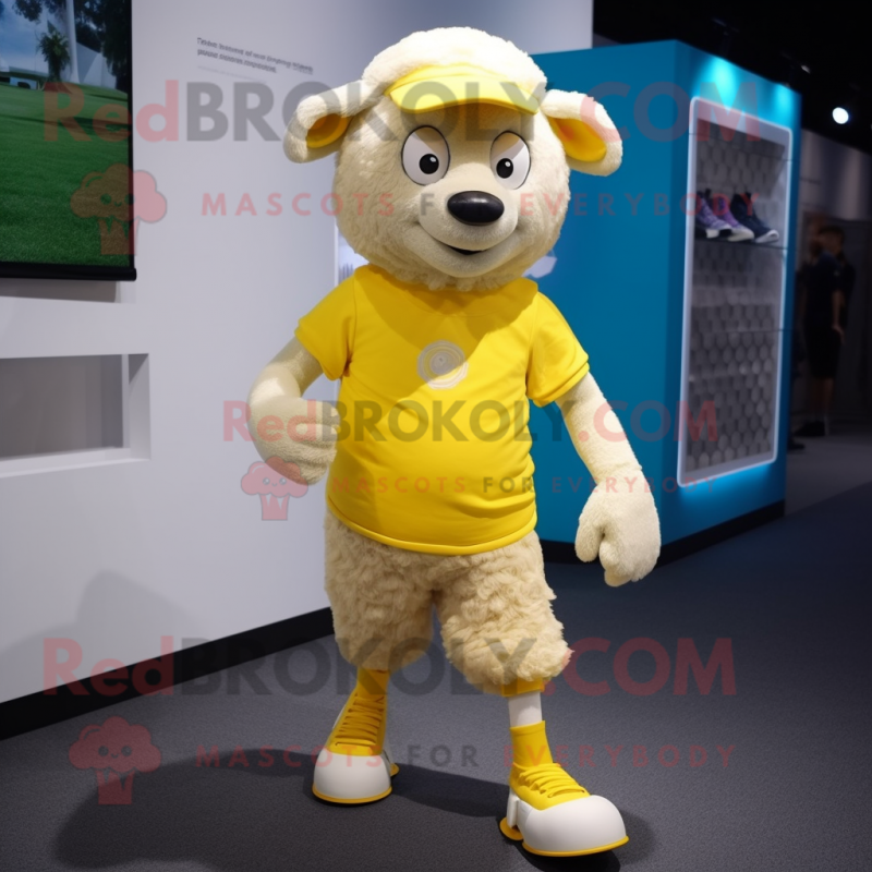 Lemon Yellow Sheep mascot costume character dressed with a Running Shorts and Caps Lemon Yellow Sheep mascot costume character dressed with a Running Shorts and Caps
