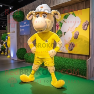 Lemon Yellow Sheep mascot costume character dressed with a Running Shorts and Caps