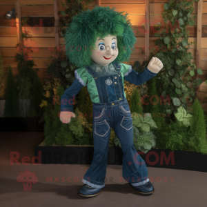 Forest Green Irish Dancer mascot costume character dressed with a Denim Shirt and Necklaces