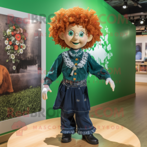 Forest Green Irish Dancer mascot costume character dressed with a Denim Shirt and Necklaces