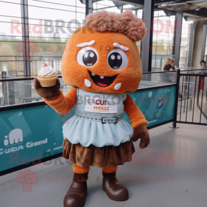 Rust Cupcake mascot costume character dressed with a Mini Skirt and Suspenders