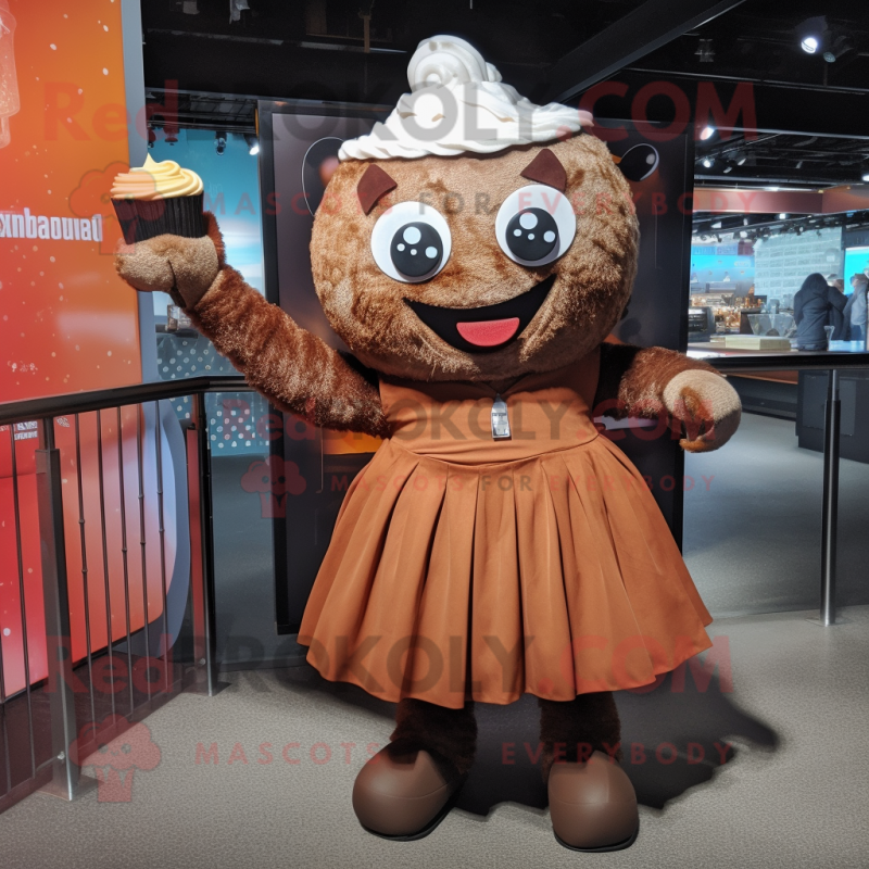 Rust Cupcake mascot costume character dressed with a Mini Skirt and Suspenders