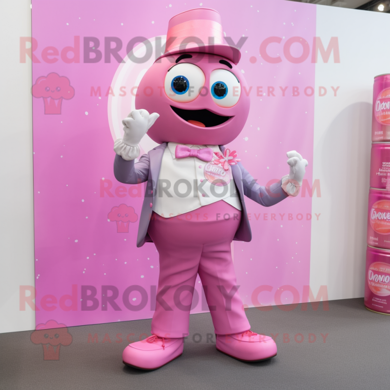 Pink Soda Can mascot costume character dressed with a Waistcoat and Earrings