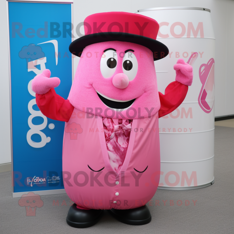 Pink Soda Can mascot costume character dressed with a Waistcoat and Earrings Pink Soda Can mascot costume character dressed with a Waistcoat and Earrings